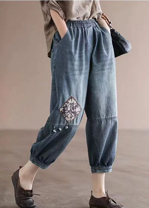 Lively And Youthful Loose Blue Elastic Waist Pockets Patchwork Applique Cotton Denim Crop Pants Summer Lively And Youthful Loose Blue Elastic Waist Pockets Patchwork Applique Cotton Denim Crop Pants Summer