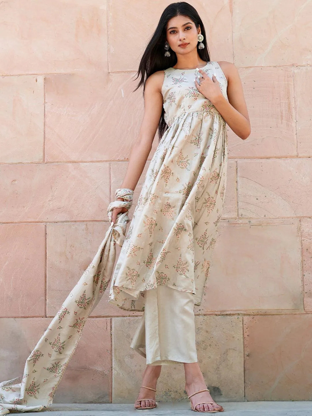 Comfortable And Cold-proof Beige Printed Silk Blend A-Line Kurta With Palazzos & Dupatta Comfortable And Cold-proof Beige Printed Silk Blend A-Line Kurta With Palazzos & Dupatta