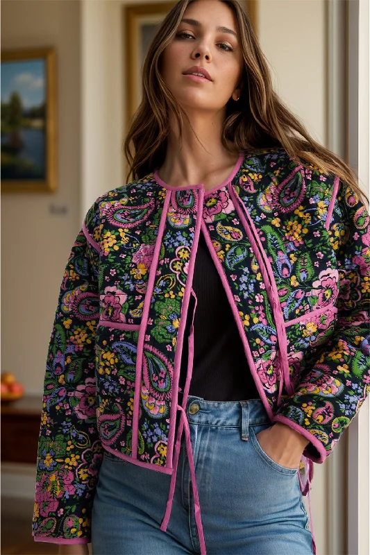Simple Style Tied Printed Long Sleeve Jacket