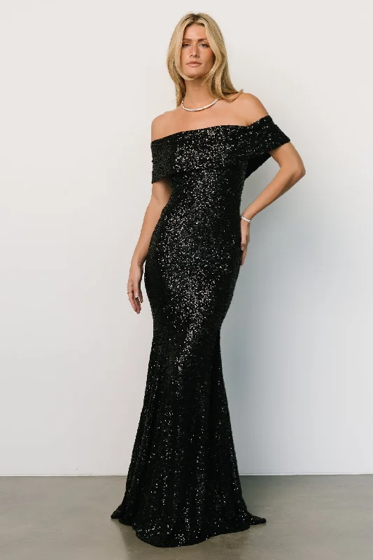 Short Design Yvonne Off Shoulder Sequin Gown | Black
