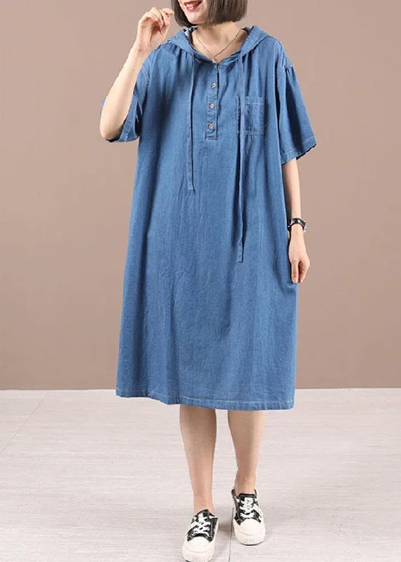 Fresh And Natural Classy Blue hooded Button Denim Dress Summer