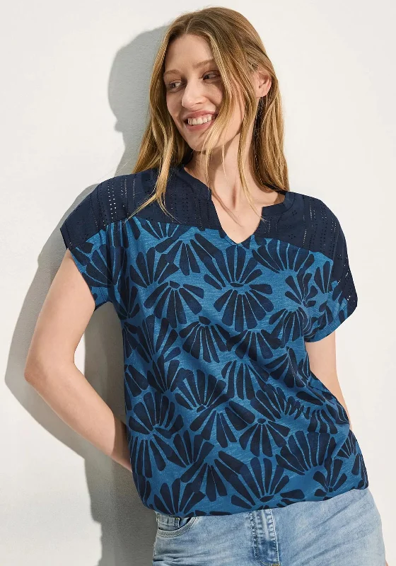 Sports Design Cecil Embroidery Neck Print Top, Navy & Blue