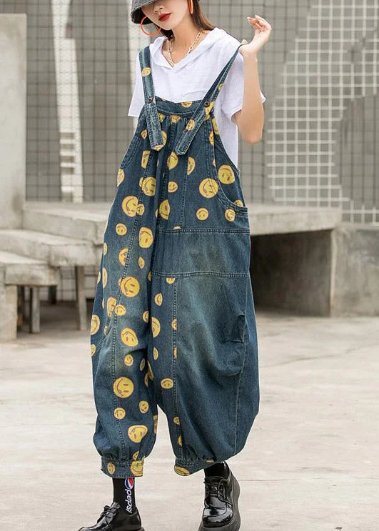 Exquisite Fabrics Plus Size Blue smile Print Patchwork Pockets Denim Jumpsuit Sleeveless Exquisite Fabrics Plus Size Blue smile Print Patchwork Pockets Denim Jumpsuit Sleeveless