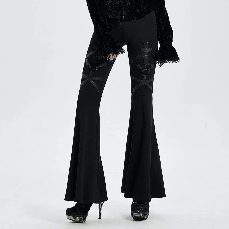 Comfortable And Versatile Women's Gothic Faux Leather Straps Bell-bottomed Pants
