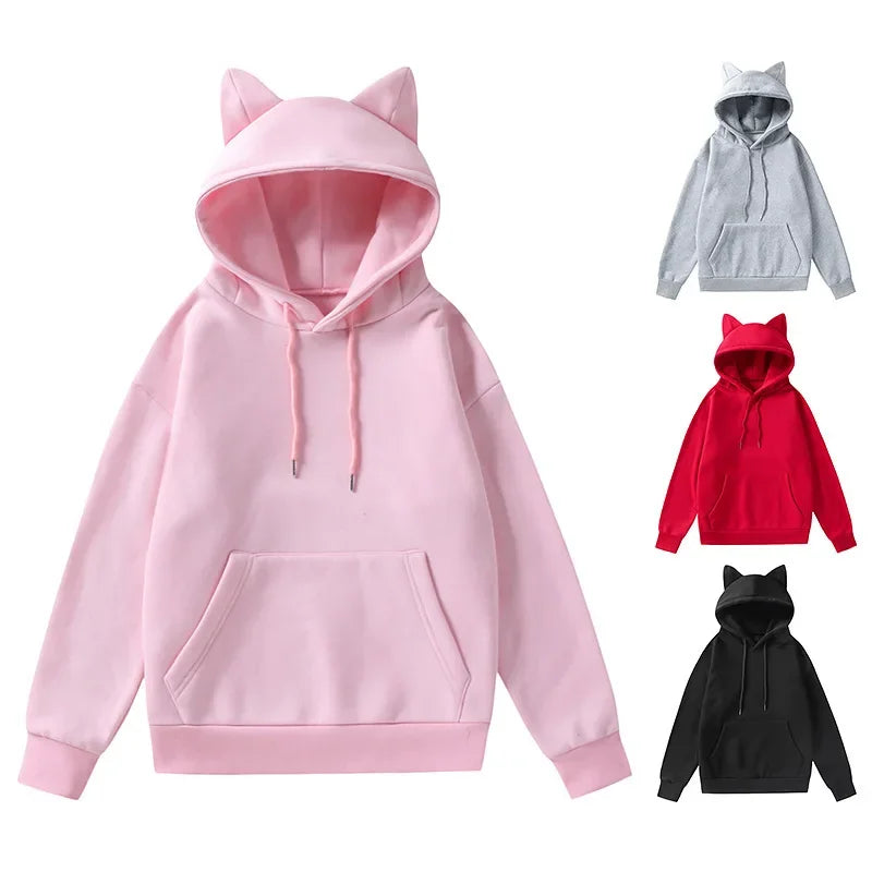 Dessert Matching Women's Solid Sweatshirt Pullovers with Cat Ears/Loose Hoodies