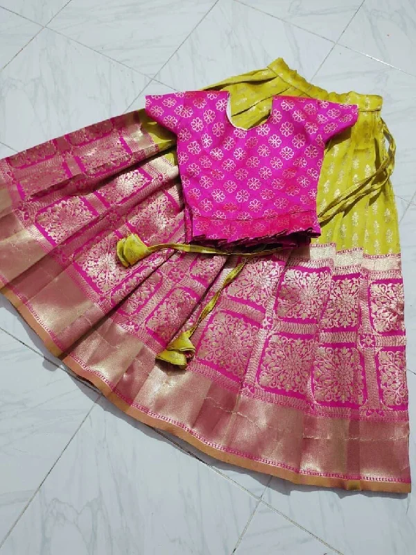 Comfortable And Versatile Lemon Yellow Pink Silk Kid's Lehenga Festival Wear Pavadai Sattai