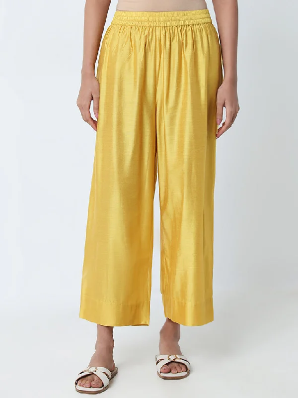 French Style Utsa Yellow Solid High-Rise Ethnic Pants