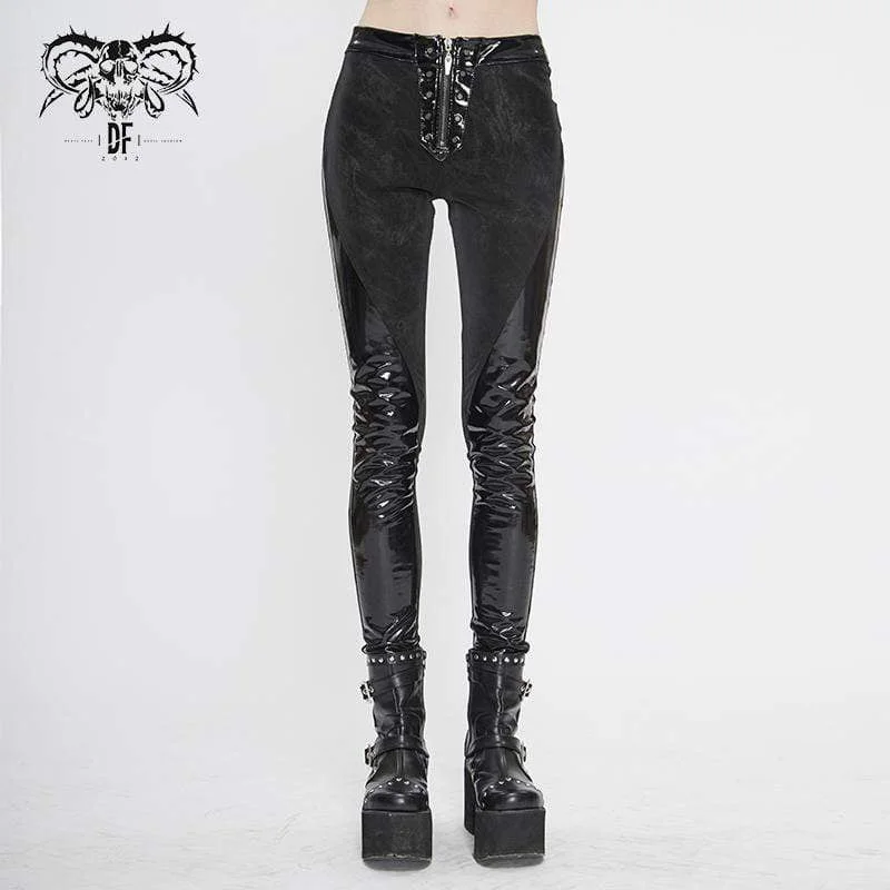 Age-reducing Style Women's Gothic Black PU Leather & Denim Skinny Pants