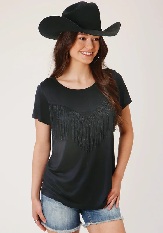 Slightly Flared Design Roper Womens Black Poly/Rayon Fringe Knit S/S T-Shirt