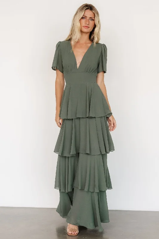 Feminine Charm Montaigne Ruffle Maxi Dress | Dark Sage