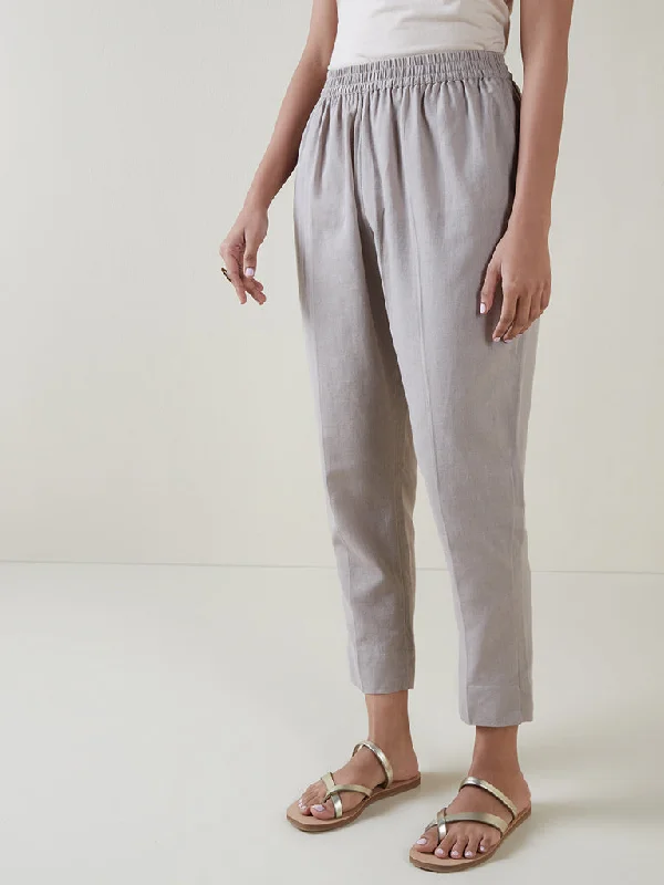 Celebrity Style Utsa Dark Beige Tapered Blended Linen Cropped Pants