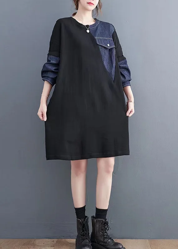 French Style Vintage black patchwork denim blue Sweater dresses Quotes pockets baggy sweater dresses French Style Vintage black patchwork denim blue Sweater dresses Quotes pockets baggy sweater dresses
