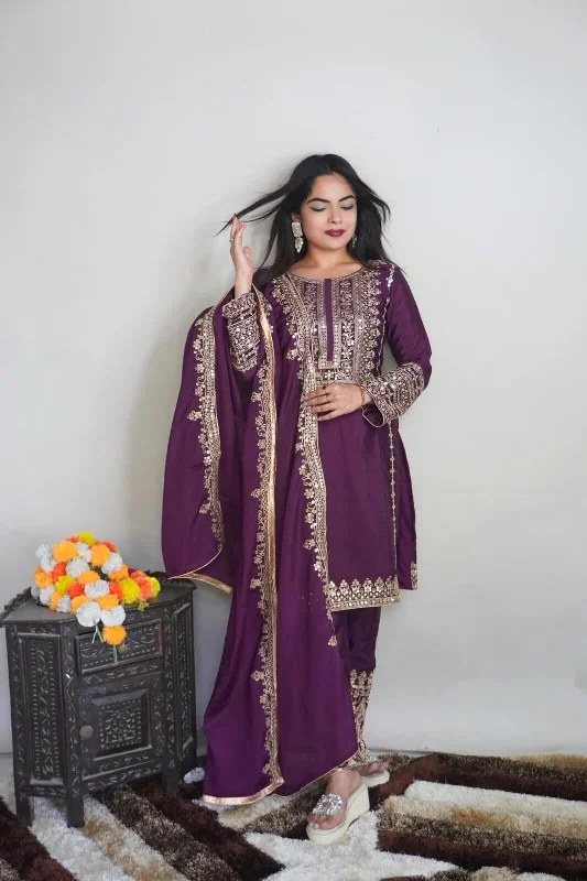 Simple Matching SRK 5151 Wine Purple Pure Chinnon Silk Sequence work Straight Cut Readymade Suit Simple Matching SRK 5151 Wine Purple Pure Chinnon Silk Sequence work Straight Cut Readymade Suit