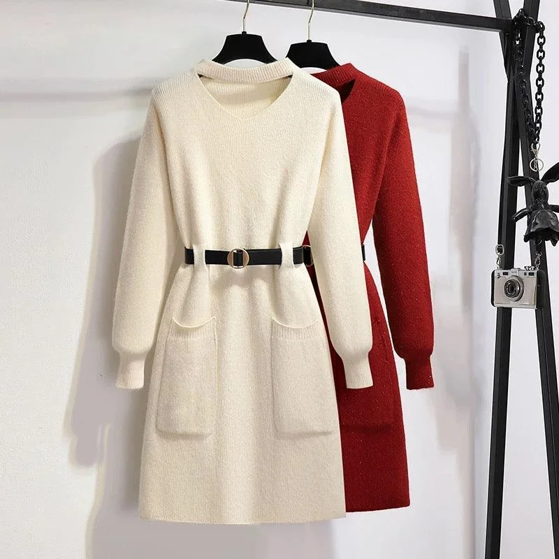 Elegant And Charming Hyacinth Knitted Dress With Belt