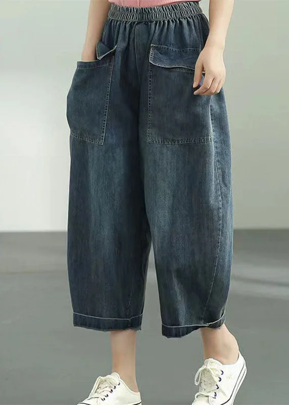 Comfortable Design Loose Dark Blue Elastic Waist Oversized Big Pockets Cotton Denim Harem Pants Summer Comfortable Design Loose Dark Blue Elastic Waist Oversized Big Pockets Cotton Denim Harem Pants Summer