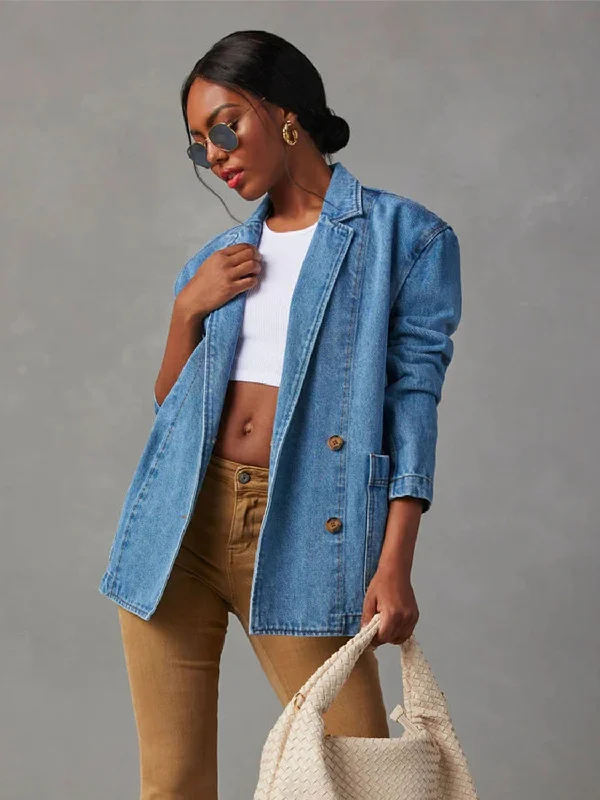 Sports And Leisure Collared Neck Long Sleeve Denim Jacket