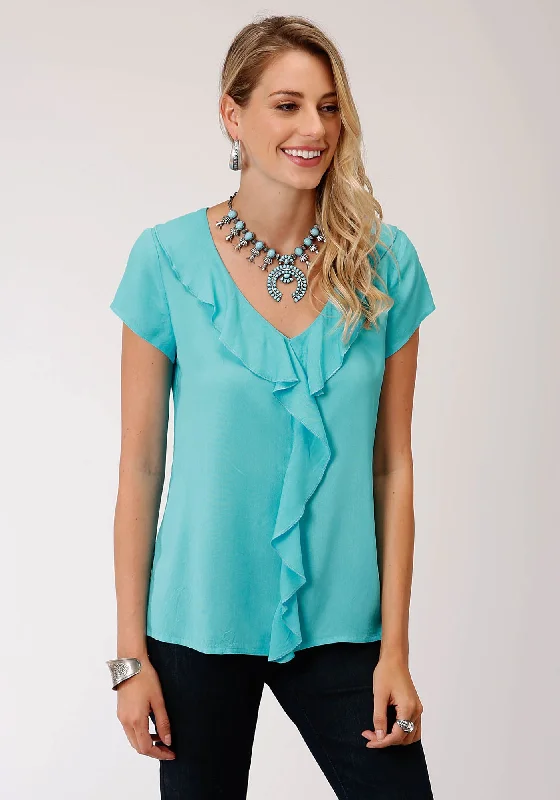 Autumn Selection Roper Womens Aqua Blue Rayon/Nylon V-Neck Ruffle S/S Tunic