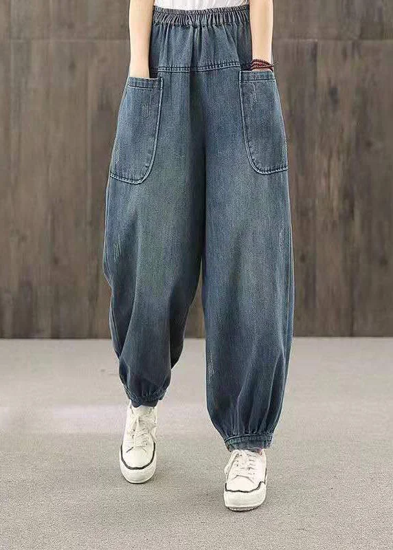 Age-reducing Style Plus Size Blue Elastic Waist Big Pockets Patchwork Cotton Denim harem Pants Summer Age-reducing Style Plus Size Blue Elastic Waist Big Pockets Patchwork Cotton Denim harem Pants Summer