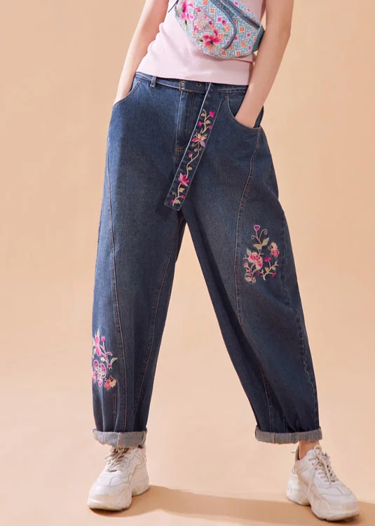 Stretch Design Casual Denim Blue Embroideried Floral Button Pockets Zippered Wide Leg Pants Summer Stretch Design Casual Denim Blue Embroideried Floral Button Pockets Zippered Wide Leg Pants Summer