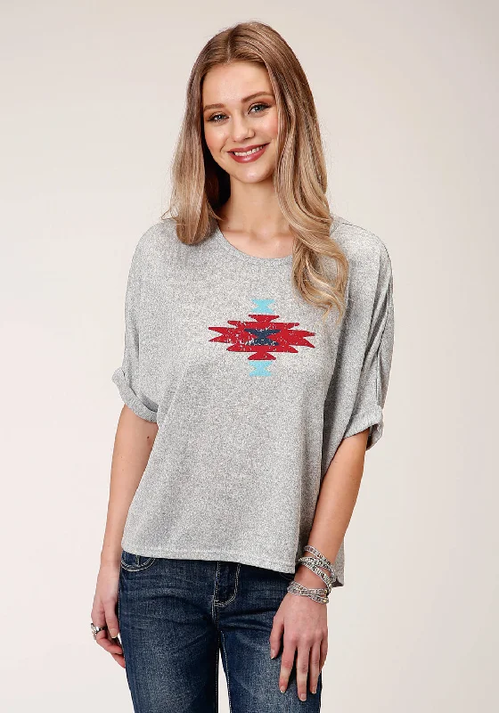 European And American Style Roper Womens Heather Grey Polyester Dolman Aztec S/S T-Shirt