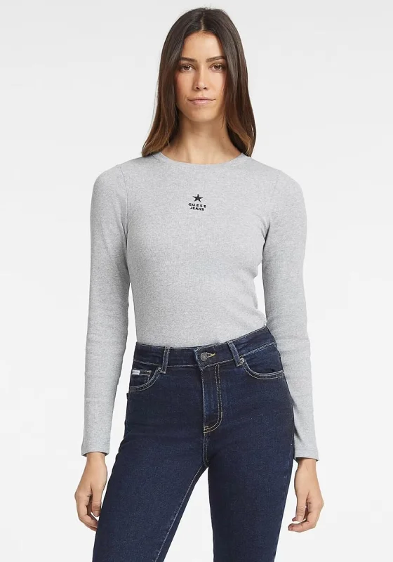 Luxury Temperament Guess Womens Ribbed Long Sleeve Top, Grey