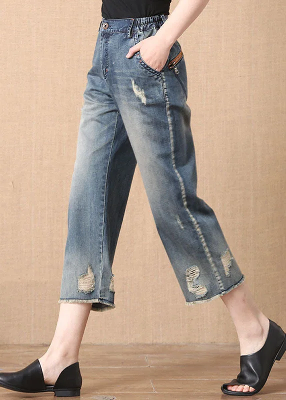 Fashionable And Versatile Chic Denim Blue Elastic Waist Zip Up Pockets Hole Cotton Crop Pants Summer Fashionable And Versatile Chic Denim Blue Elastic Waist Zip Up Pockets Hole Cotton Crop Pants Summer