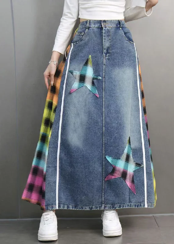 Noble And Elegant Casual Blue Plaid Patchwork patch Denim Maxi Skirts Spring