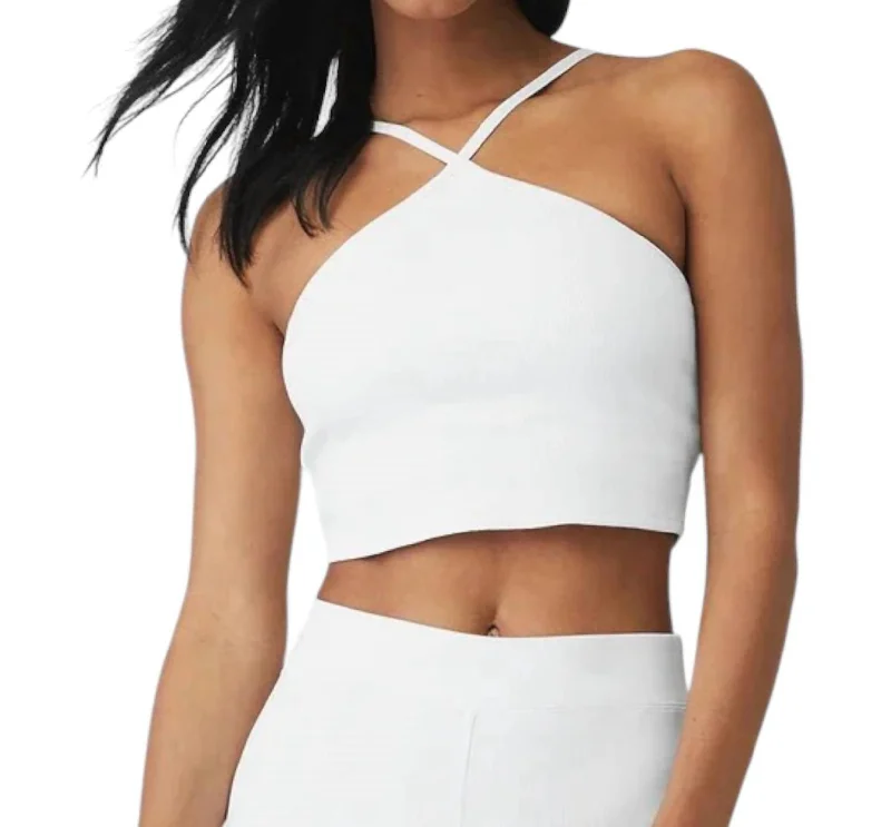 Elegant Tailoring Goddess Ribbed Cropped Halter Bra Top In White