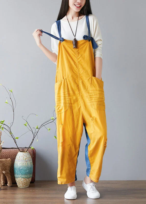 Retro Fashion Fashion Yellow pockets Patchwork denim Jumpsuit Spring