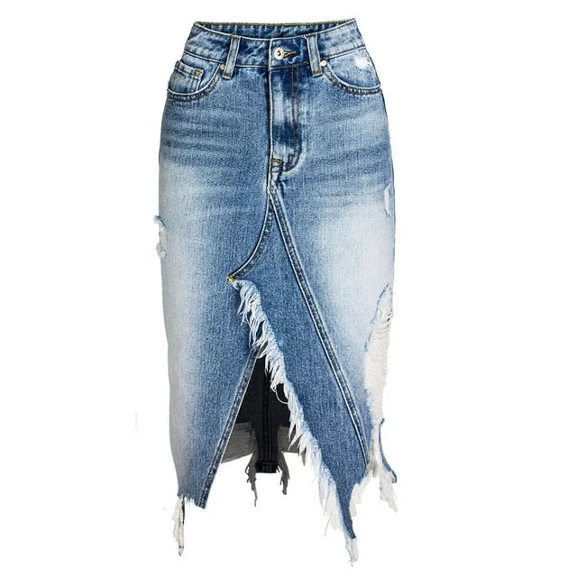 Double-sided Wear Ripped Denim Women Asymmetrical Pencil Jean Skirt High Split Skirt Double-sided Wear Ripped Denim Women Asymmetrical Pencil Jean Skirt High Split Skirt