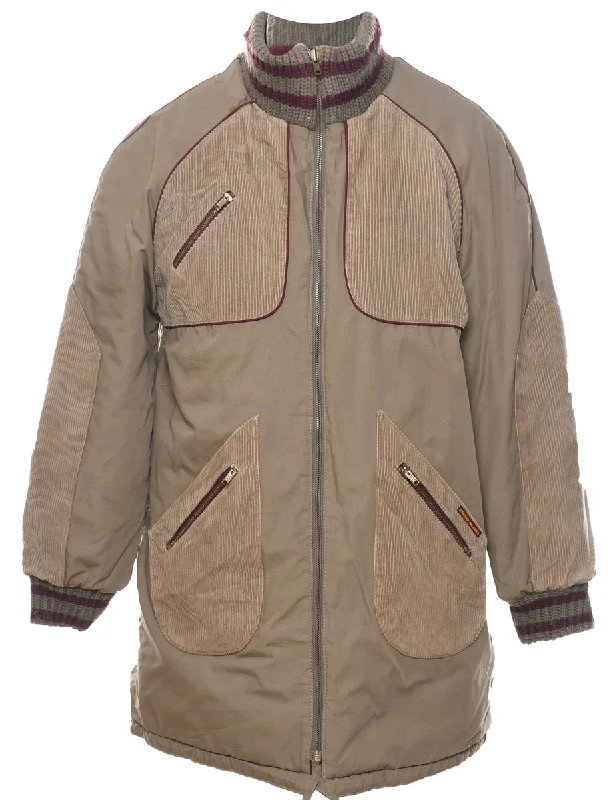 French Retro Light Brown Corduroy Panel Zip-Front Jacket - L