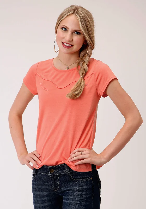 Classic And Versatile Roper Womens Coral Red Poly/Rayon Curved Yoke S/S T-Shirt