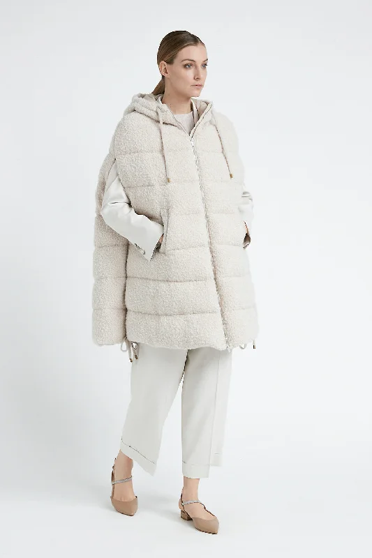 Avant-garde Design Sleeveless midi down jacket in wool bouclé fabric
