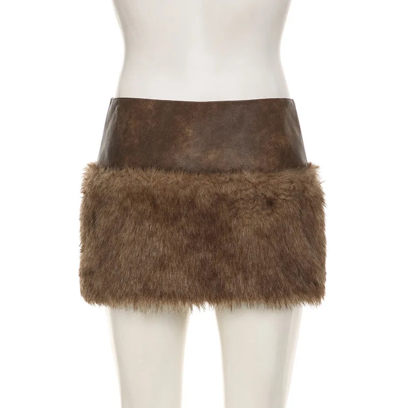 Classic Series Women's PU Leather Splicing Faux Fur Skirts