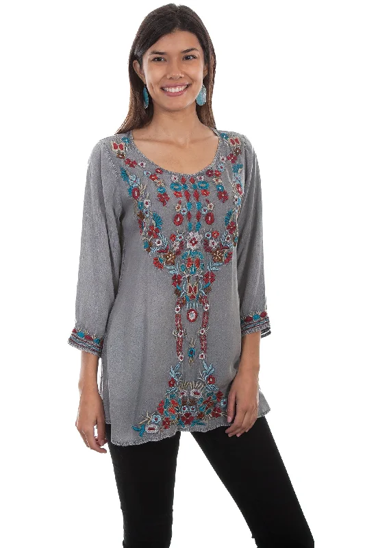 Fashion Must-have Scully Womens Gray 100% Viscose Bold Floral S/S Blouse