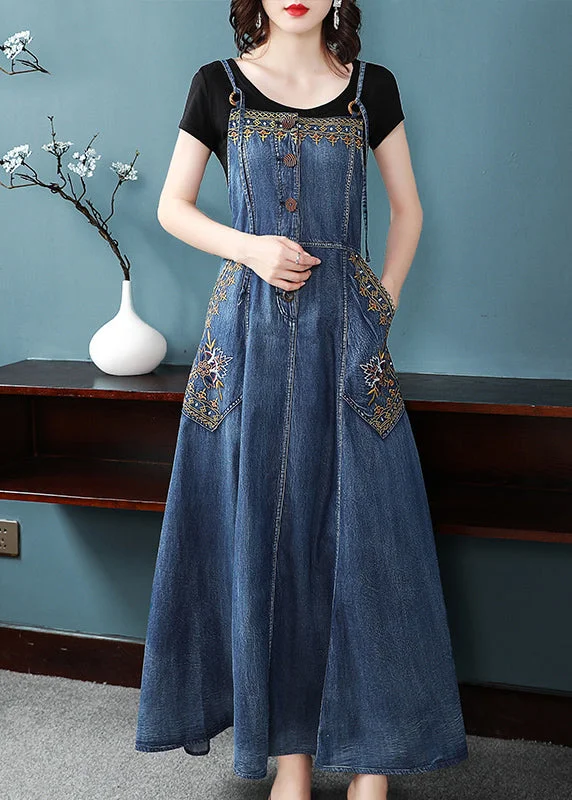 Classic French Denim Blue Embroideried Button Pockets Cotton Spaghetti Strap Dresses Summer Classic French Denim Blue Embroideried Button Pockets Cotton Spaghetti Strap Dresses Summer