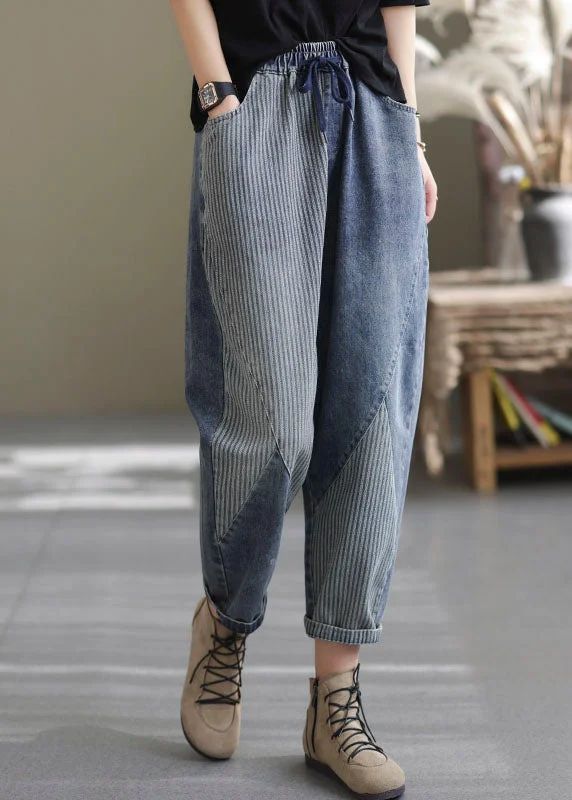 Casual And Comfortable Art Blue Elastic Waist Pockets Patchwork Striped Cotton Denim Harem Pants Fall Casual And Comfortable Art Blue Elastic Waist Pockets Patchwork Striped Cotton Denim Harem Pants Fall
