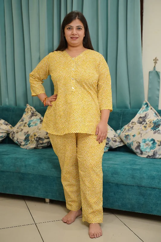 Slightly Flared Design Yellow Lehriya Cotton Night Suit
