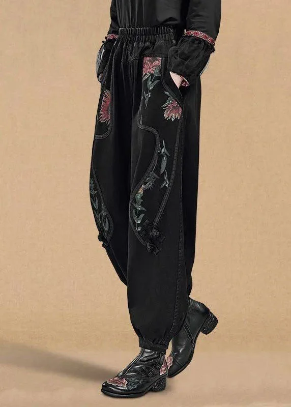 European And American Style Boutique Black Elastic Waist Pockets Print Cotton Denim Harem Pants Fall European And American Style Boutique Black Elastic Waist Pockets Print Cotton Denim Harem Pants Fall