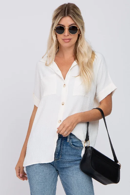 Dessert Matching Ivory Collared Button-Down Short Sleeve Blouse