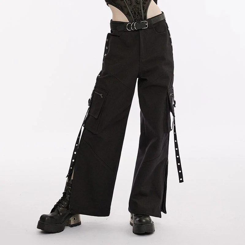 Wearable At Home Or Out Women's Punk Multi-pocket Eyelets Straight Pants