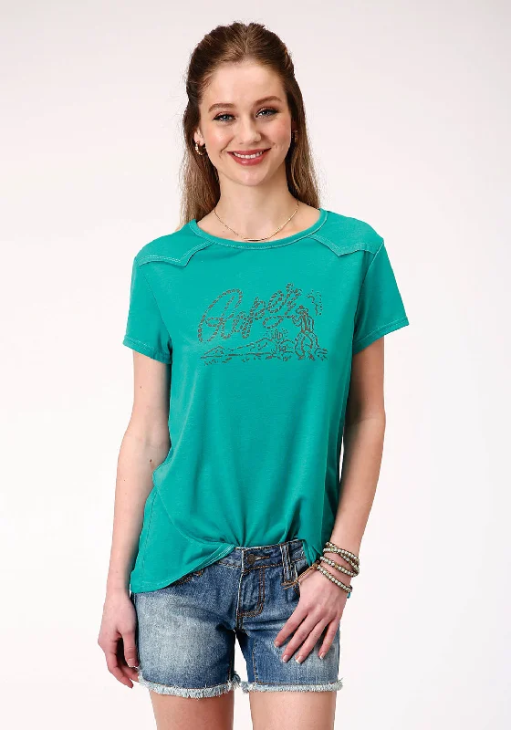 Minimalism Roper Womens Turquoise Poly/Rayon Roping Cowboy S/S T-Shirt