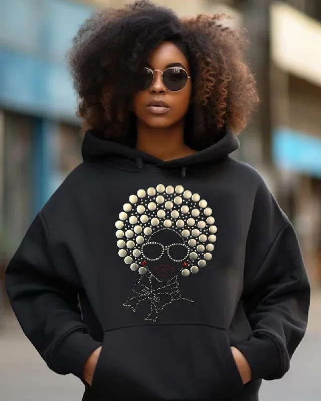 Sweet Style Black Afro Hair Diamond Printed Casual Hoodie