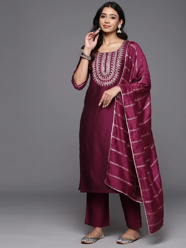 Modern City Wine Yoke Design Silk Blend Straight Suit With Dupatta