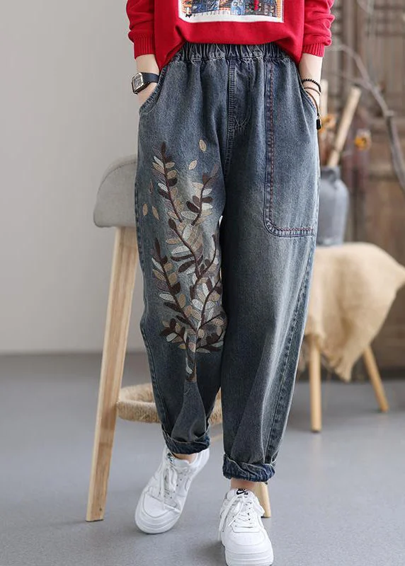 Outdoor Trend Art Blue Embroideried Pockets Elastic Waist Cotton Denim Harem Pants Fall Outdoor Trend Art Blue Embroideried Pockets Elastic Waist Cotton Denim Harem Pants Fall
