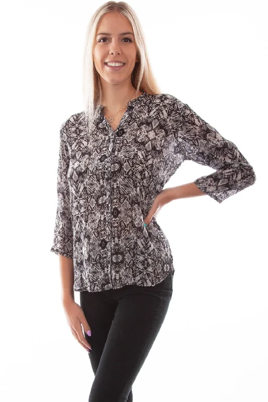 Fresh And Simple Scully Womens Black Rayon Band Collar S/S Blouse