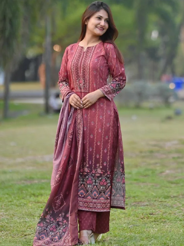 Eye-catching Personality Maroon Printed Crepe Straight Kurta With Trousers & Dupatta Eye-catching Personality Maroon Printed Crepe Straight Kurta With Trousers & Dupatta