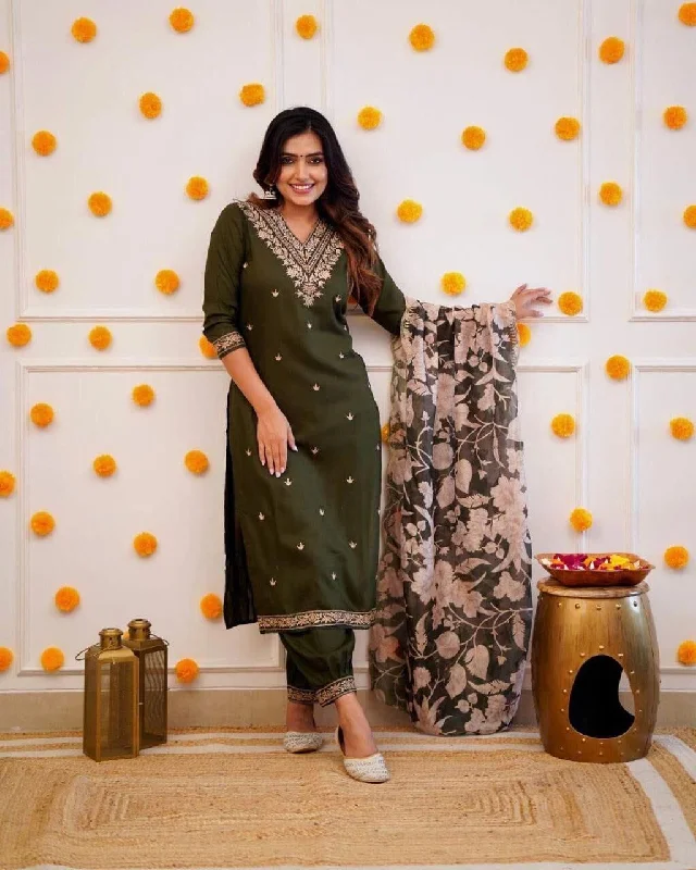 Comfortable And Casual Trending Viscose Rayon Embroidered Kurti with Dupatta and Pant Set in 2 colors