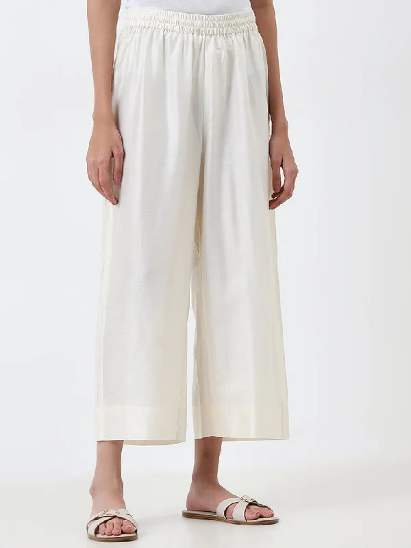 Fashion Must-have Utsa Off-White Solid High-Rise Cotton Blend Ethnic Pants