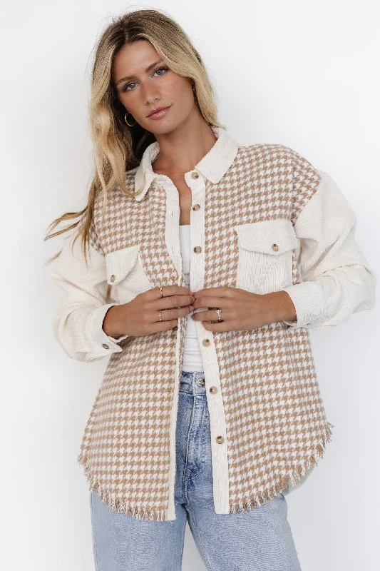 Unique Design Montreal Houndstooth Shacket | Taupe + Ivory